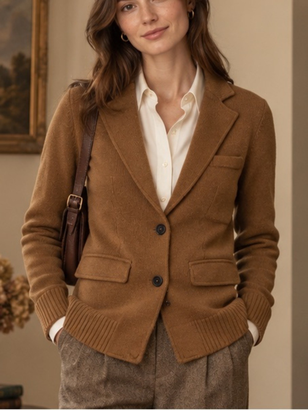 Fossil XS 100% Merino Wool Knit Blazer Cardigan Camel Brown
